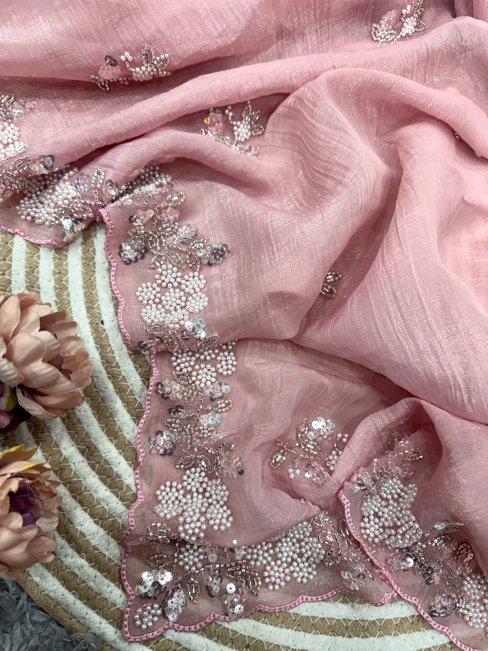 Women's Soft Pink Organza Saree with Delicate Pearl & Sequin Floral Embroidery – Lightweight Sheer Drape for Festive, Wedding & Party Wear